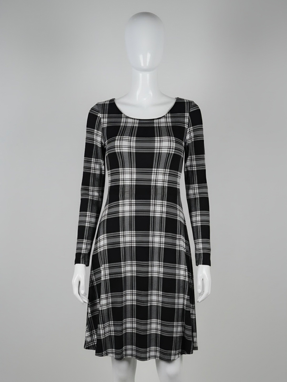Black and White Plaid Midi Dress with Long Sleeves